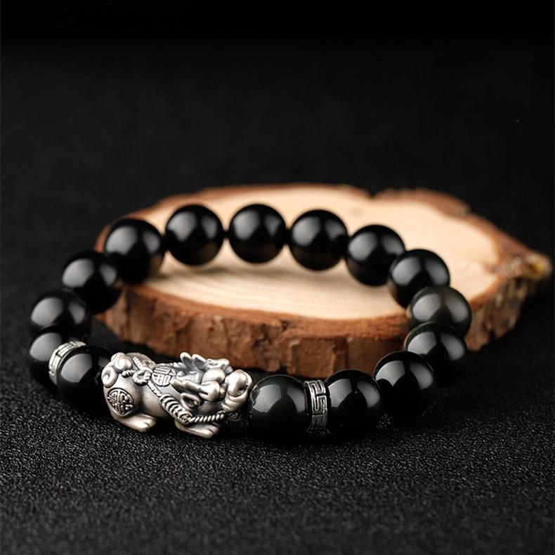 Natural Obsidian Silver Pixiu Lucky Bracelet