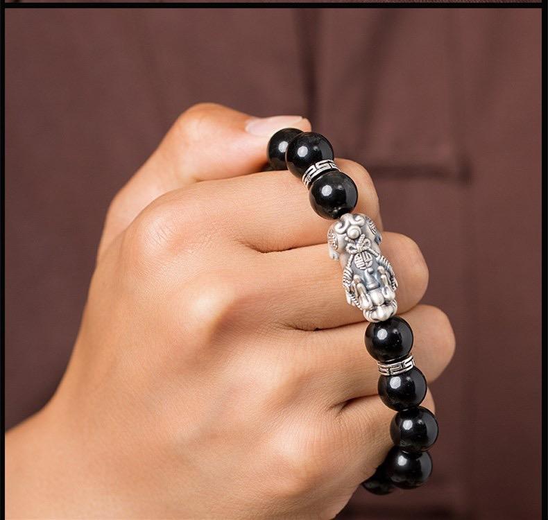 Natural Obsidian Silver Pixiu Lucky Bracelet