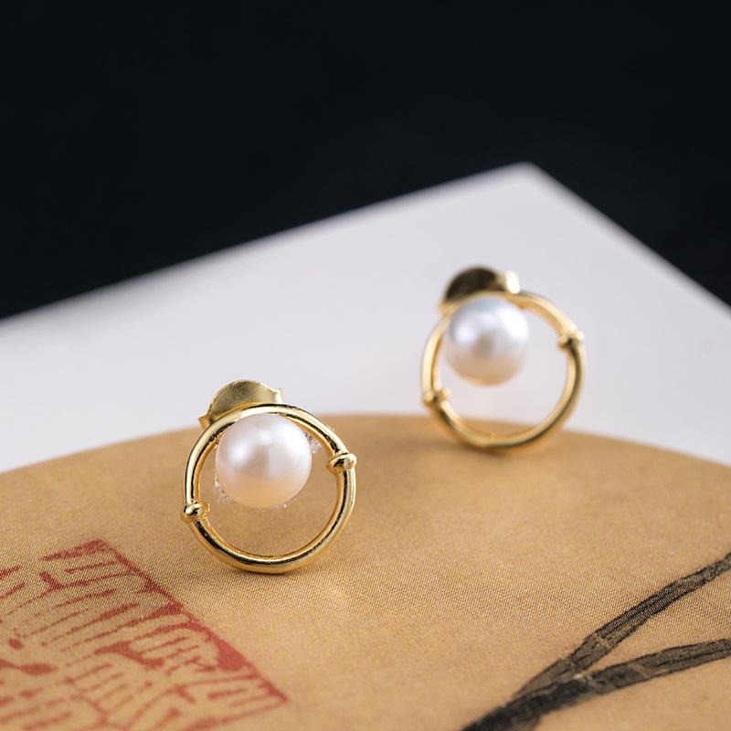 Natural Pearl Bamboo Circle Wealth Gold Earring