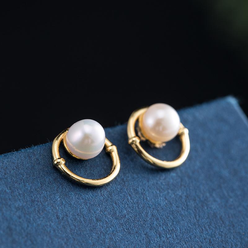 Natural Pearl Bamboo Circle Wealth Gold Earring