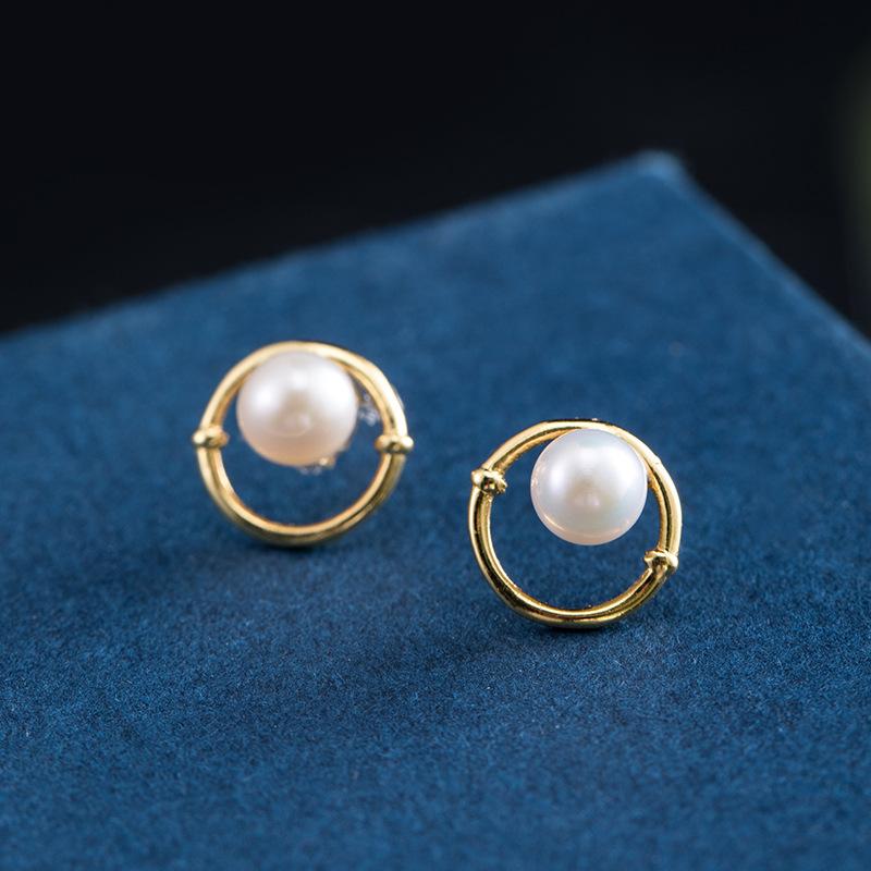 Natural Pearl Bamboo Circle Wealth Gold Earring