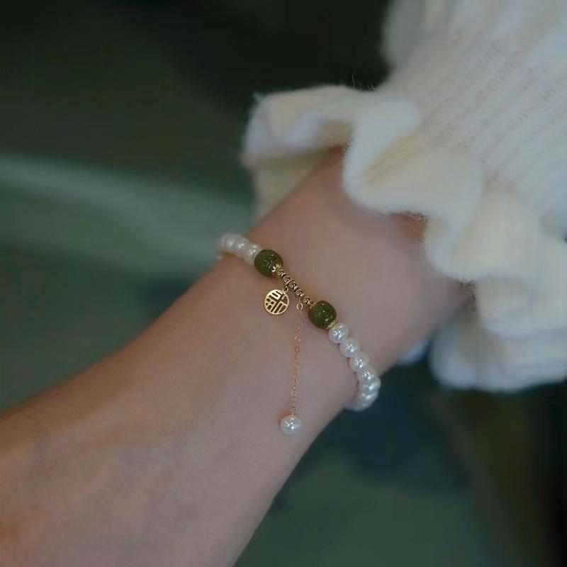 Natural Pearl Bracelet-Green Jade Beads Fu