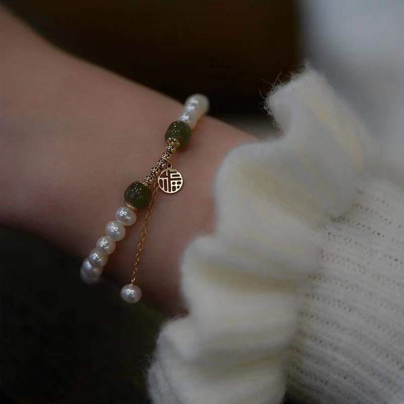 Natural Pearl Bracelet-Green Jade Beads Fu