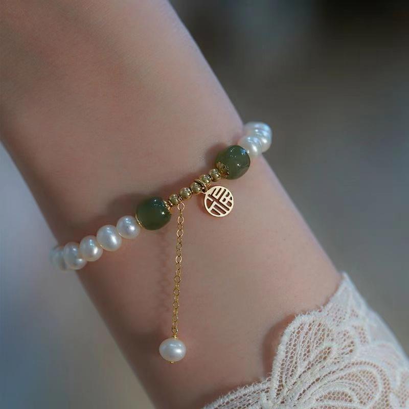 Natural Pearl Bracelet-Green Jade Beads Fu