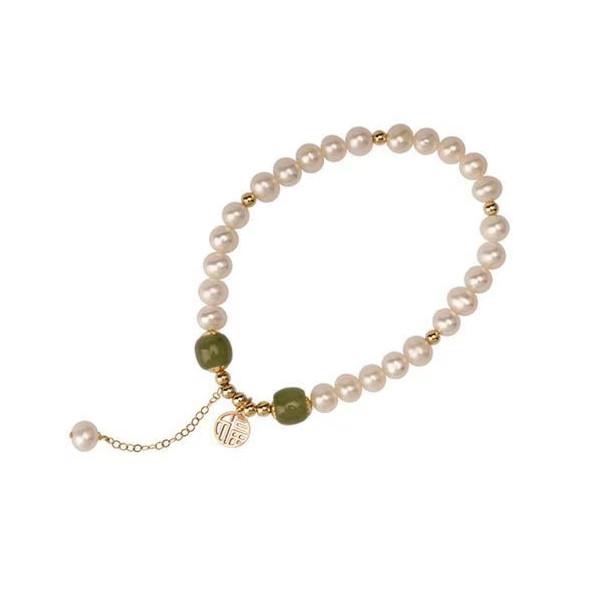 Natural Pearl Bracelet-Green Jade Beads Fu
