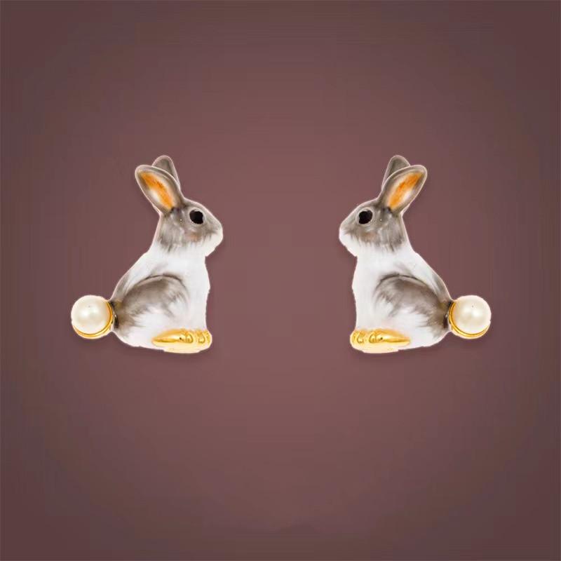 Natural Pearl Enamel Rabbit Lucky Earrings