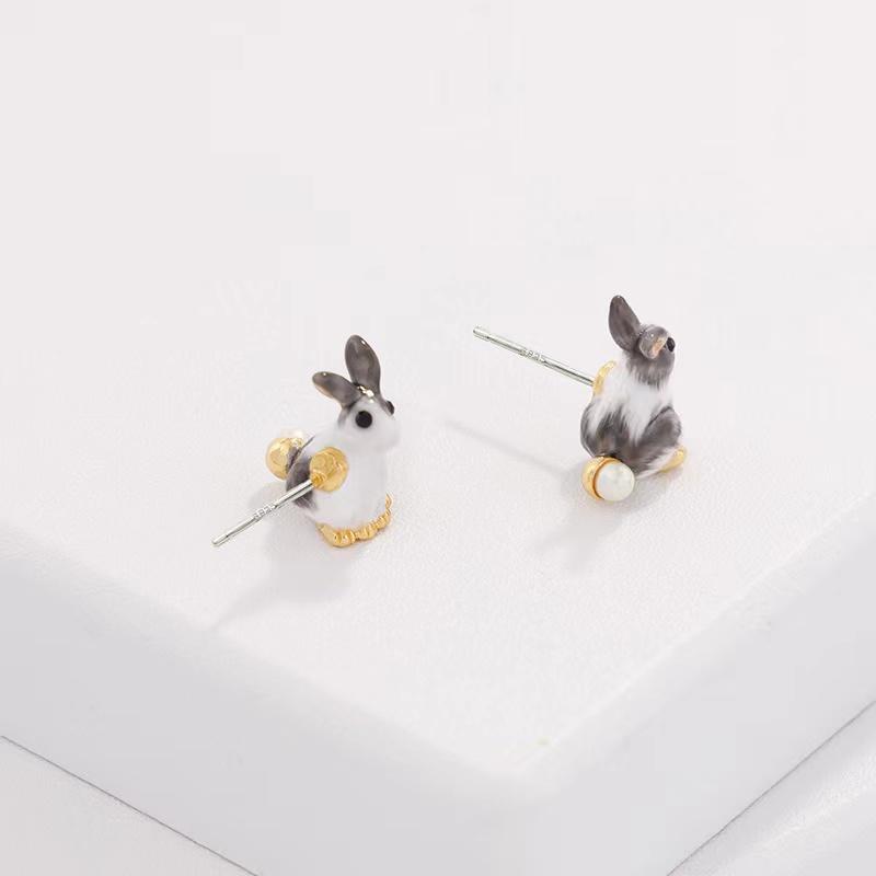 Natural Pearl Enamel Rabbit Lucky Earrings