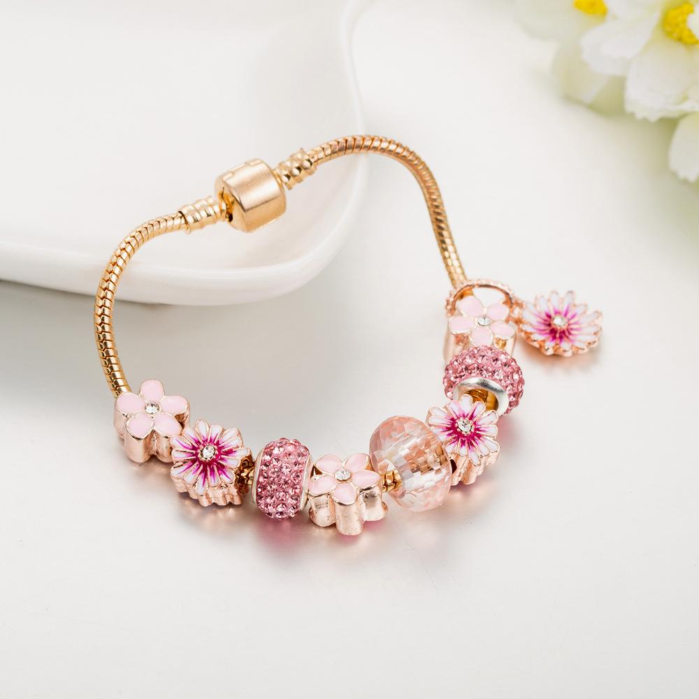 Natural Pink Crystal Daisy Charm Bacelet