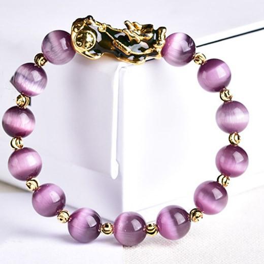 Natural Purple Cat`s Eye Color Changing Pixiu Wealth Bracelet