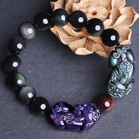 Natural Rainbow Obsidian Double Color Pixiu Healing Bracelet
