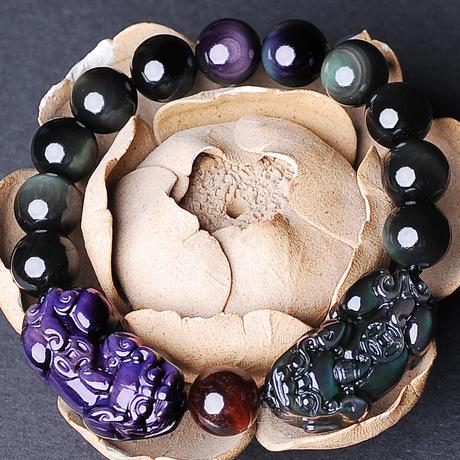 Natural Rainbow Obsidian Double Color Pixiu Healing Bracelet