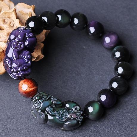 Natural Rainbow Obsidian Double Color Pixiu Healing Bracelet