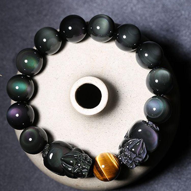 Natural Rainbow Obsidian Double Pixiu Protection Bracelet