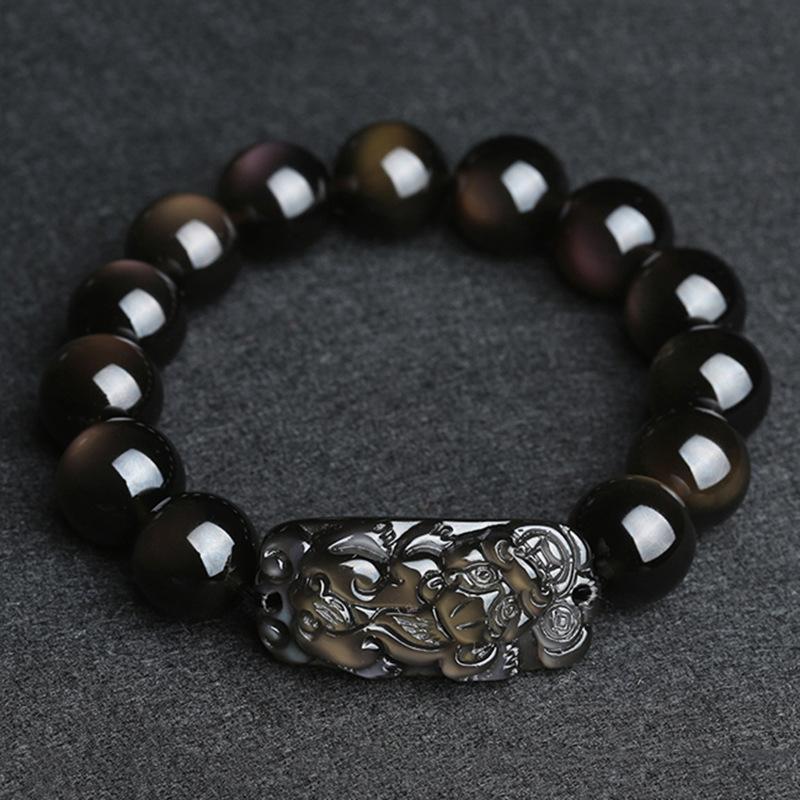 Natural Rainbow Obsidian Pixiu Buddha Beads Healing Bracelet
