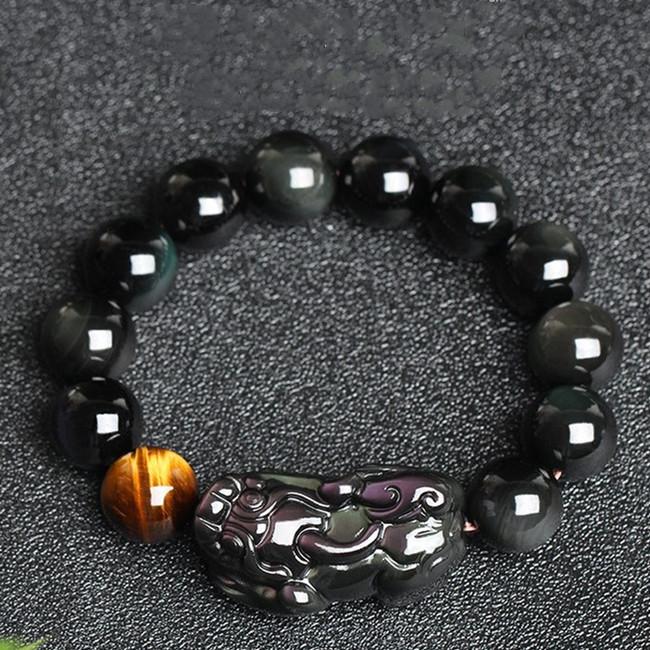 Natural Rainbow Obsidian Pixiu Yellow Tiger`s Eye Bead Protection Bracelet