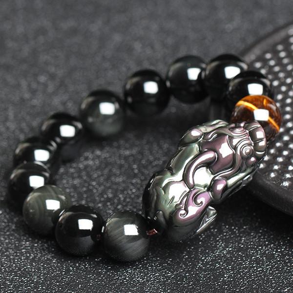 Natural Rainbow Obsidian Pixiu Yellow Tiger`s Eye Bead Protection Bracelet