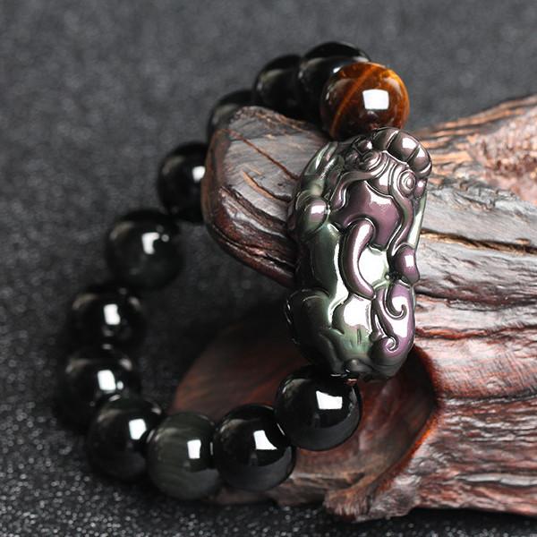Natural Rainbow Obsidian Pixiu Yellow Tiger`s Eye Bead Protection Bracelet
