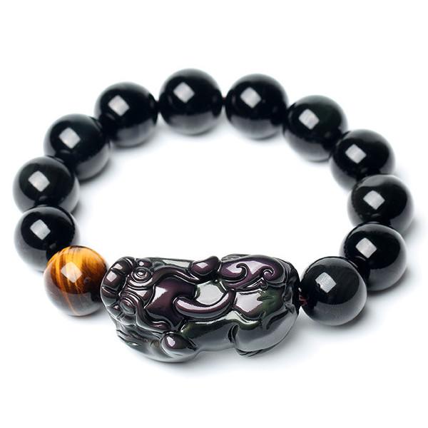 Natural Rainbow Obsidian Pixiu Yellow Tiger`s Eye Bead Protection Bracelet