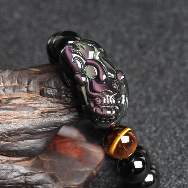 Natural Rainbow Obsidian Pixiu Yellow Tiger`s Eye Bead Protection Bracelet