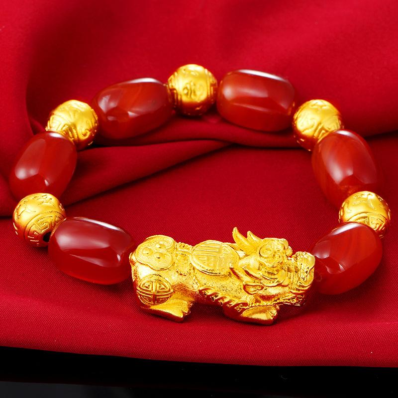 Natural Red Agate 24k Gold Pixiu Wealth Bracelet