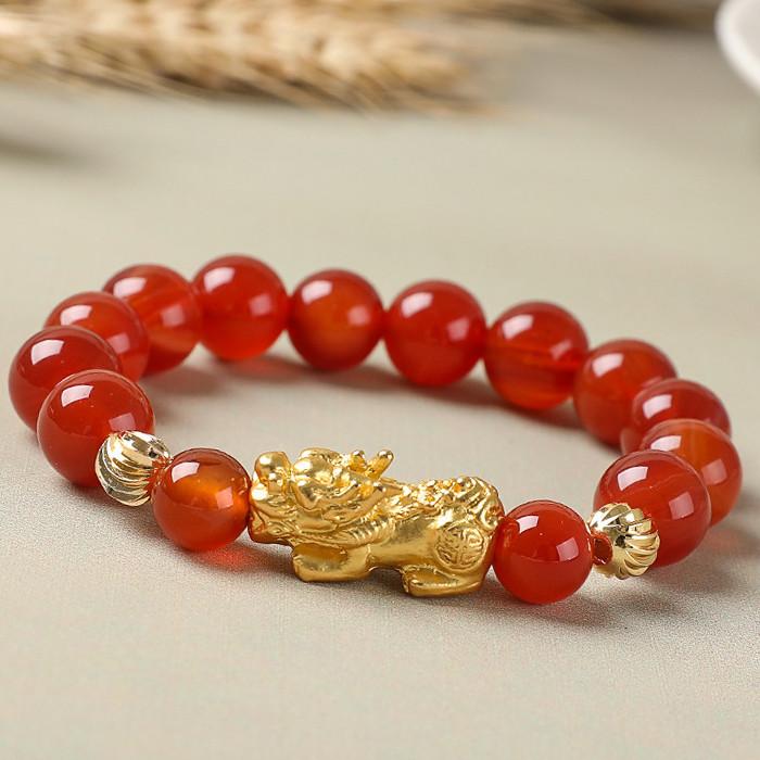 Natural Red Agate Gold Bead Pixiu Lucky Bracelet