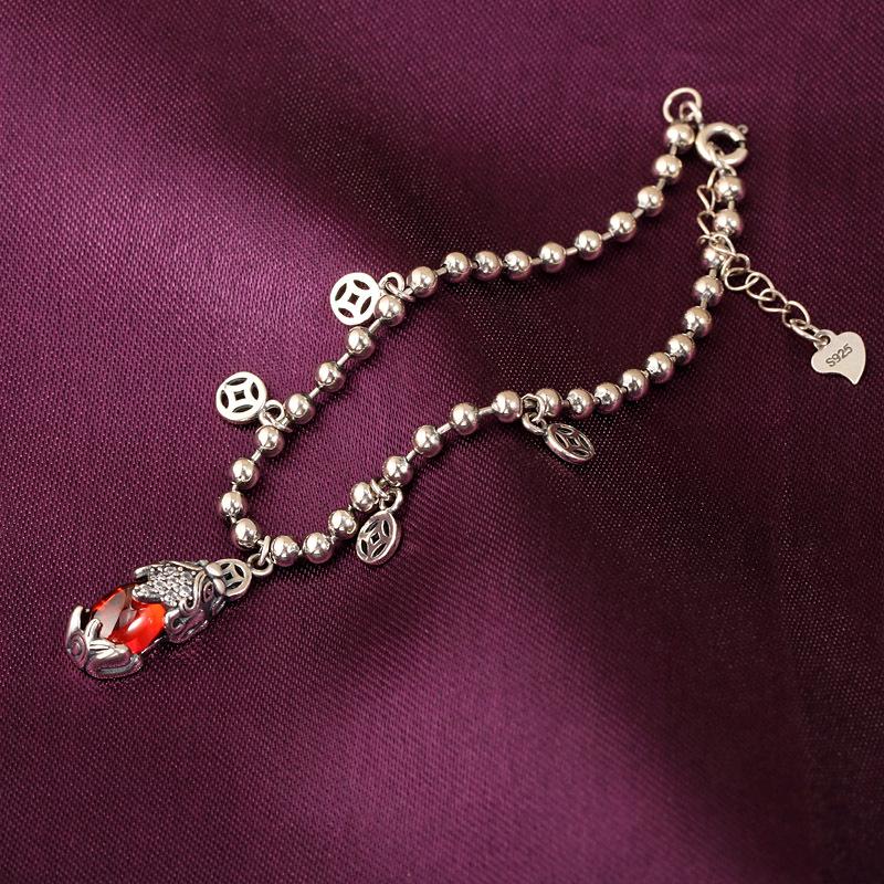 Natural Red Garnet Pixiu Lucky Silver Bracelet