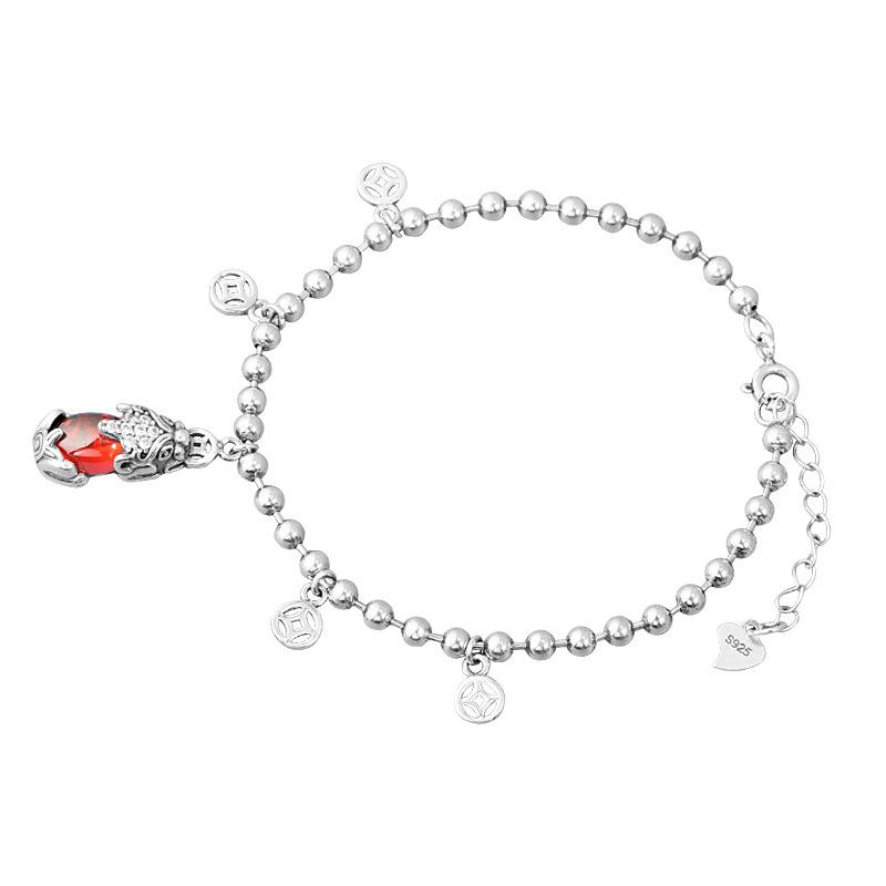 Natural Red Garnet Pixiu Lucky Silver Bracelet