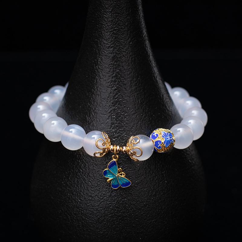Natural White Agate Cloisonne Butterfly Healing Bracelet