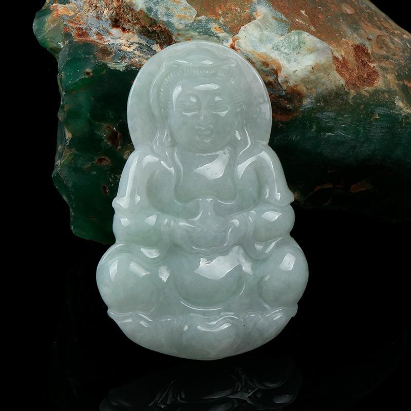 Natural White Jade Guan Yin Buddha Full Blessing Lucky Pendant