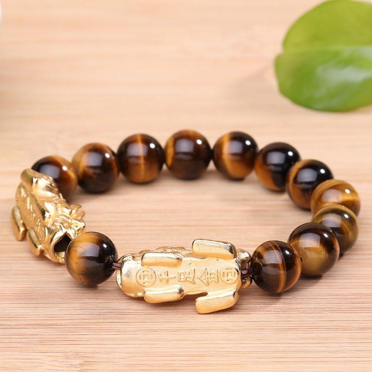 Natural Yellow Tiger`s Eye Double Pixiu Lucky Bracelet