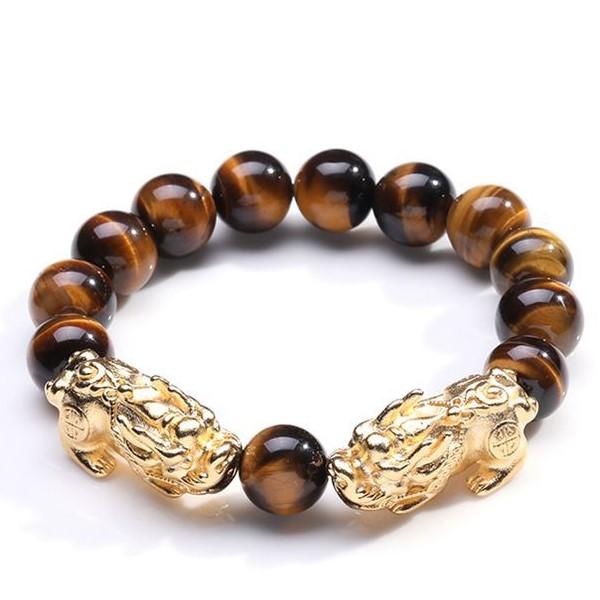 Natural Yellow Tiger`s Eye Double Pixiu Lucky Bracelet