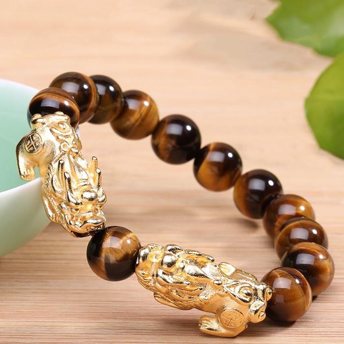 Natural Yellow Tiger`s Eye Double Pixiu Lucky Bracelet