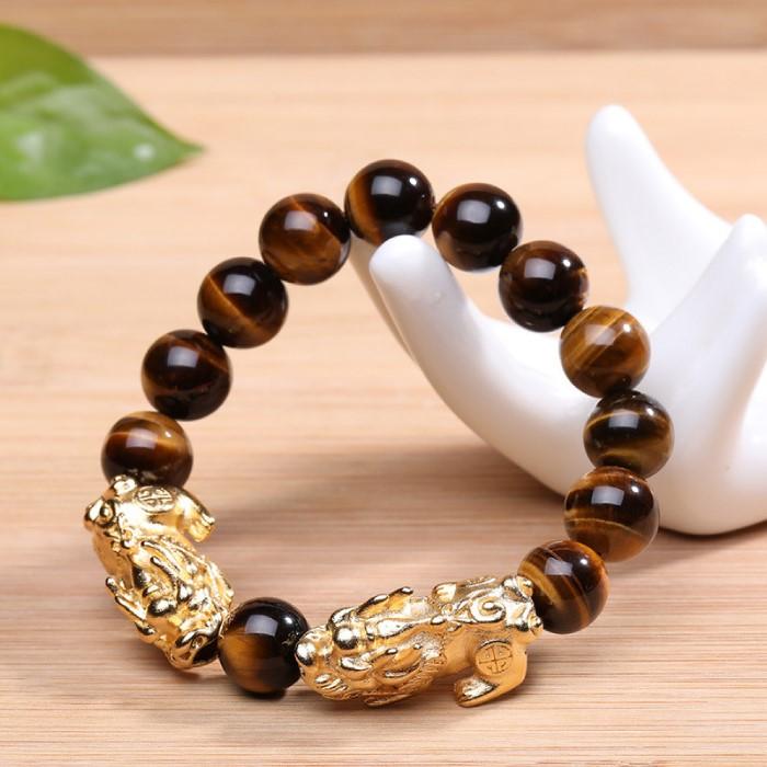Natural Yellow Tiger`s Eye Double Pixiu Lucky Bracelet