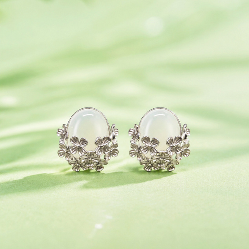 Nephrite Jade Flower Stud Earrings-Quiet Bloom