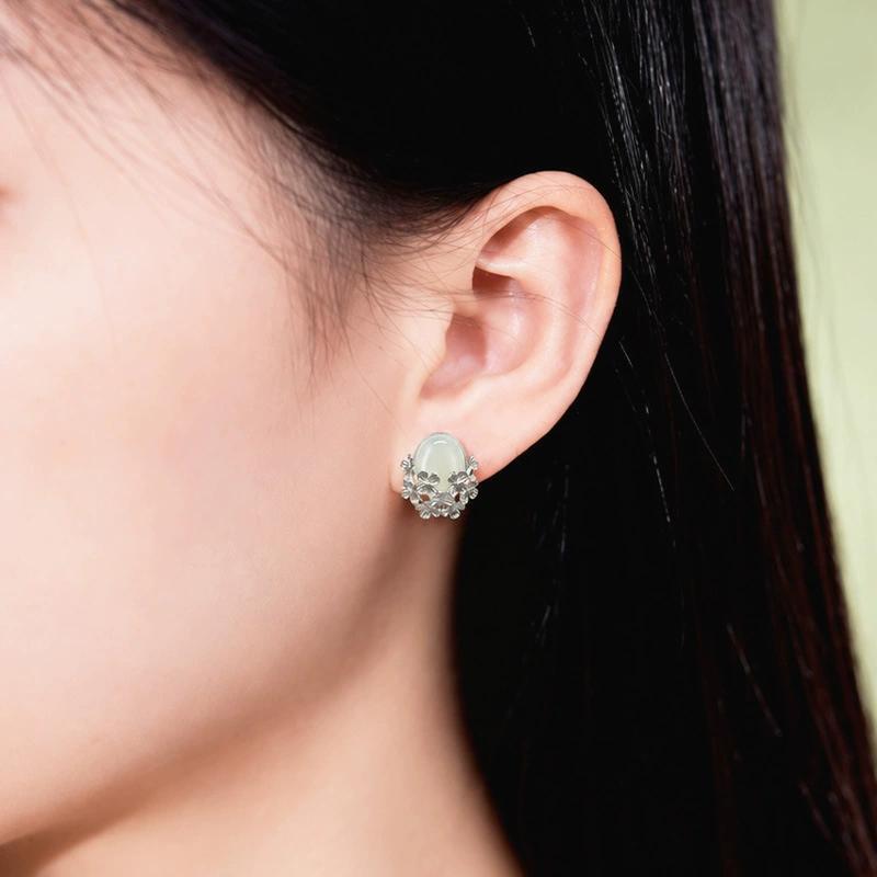 Nephrite Jade Flower Stud Earrings-Quiet Bloom