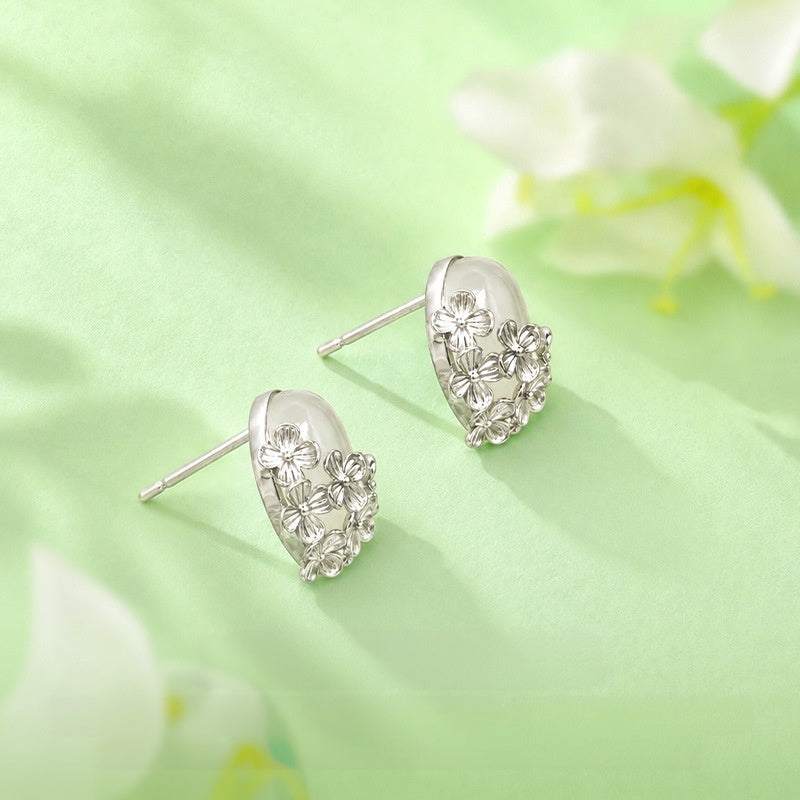 Nephrite Jade Flower Stud Earrings-Quiet Bloom