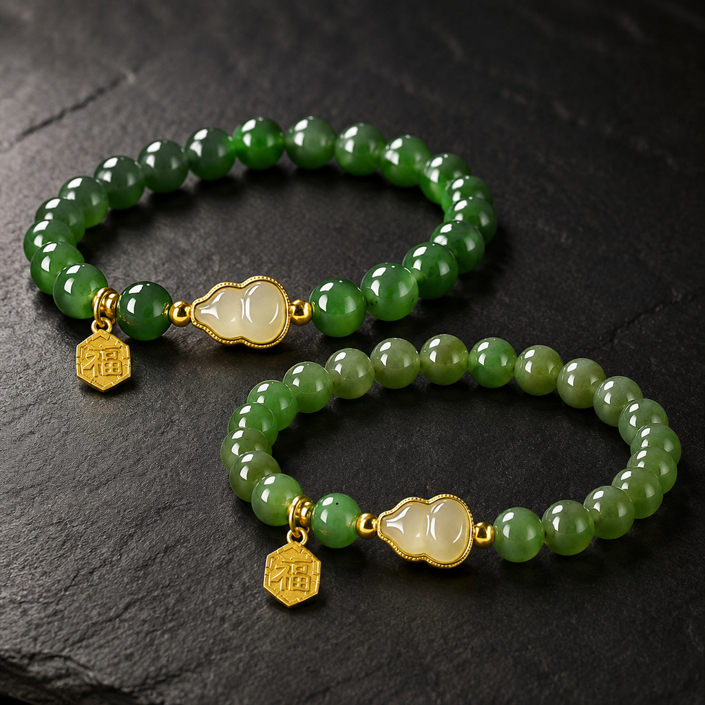 Natural Nephrite Jade Gourd & Fu Plaque Bracelet-Grounded Harmony