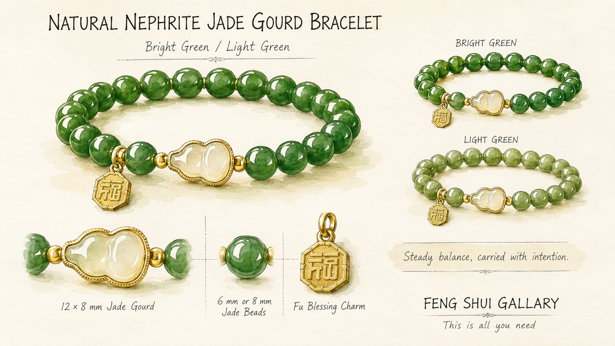 Natural Nephrite Jade Gourd & Fu Plaque Bracelet-Grounded Harmony