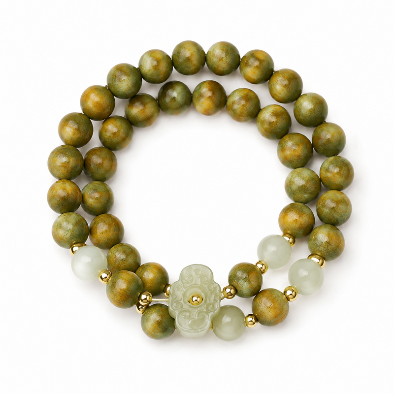Nephrite Jade Ruyi Green Sandalwood Double-Wrap Bracelet-Quiet Alignment