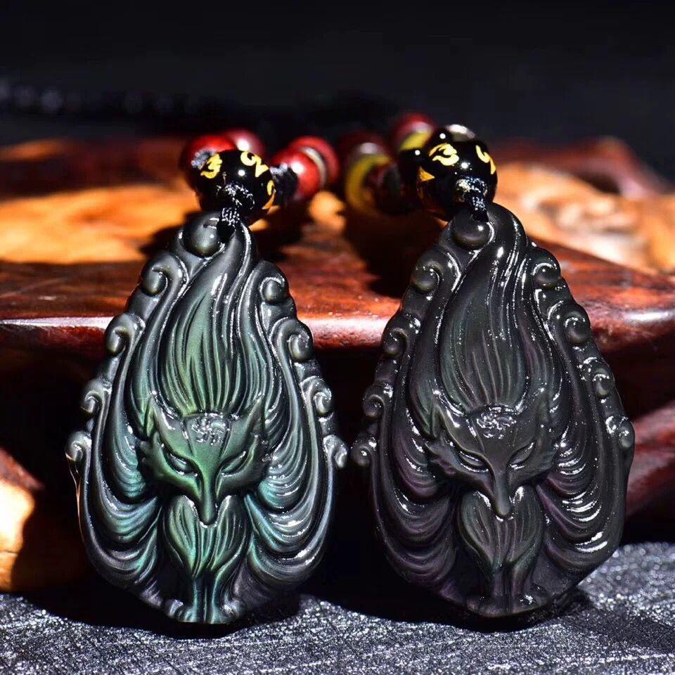 Quiet Allure-Nine Tailed Fox Rainbow Obsidian Pendant