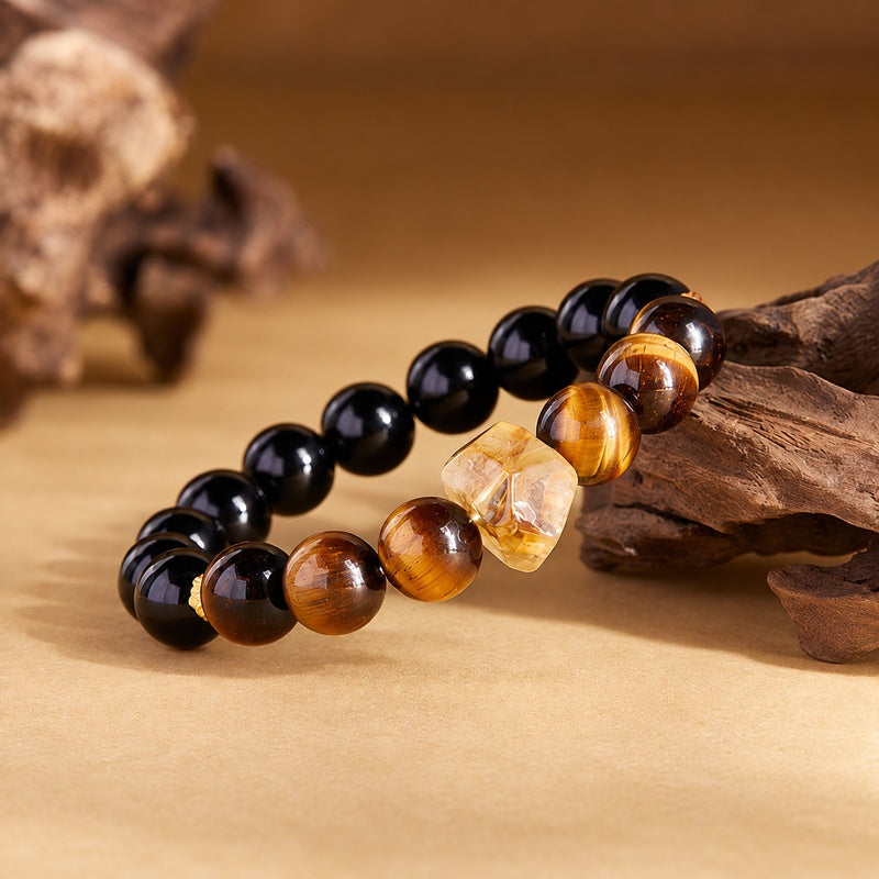 Obsidian Tiger Eye Yellow Quartz Bracelet-Quiet Courage