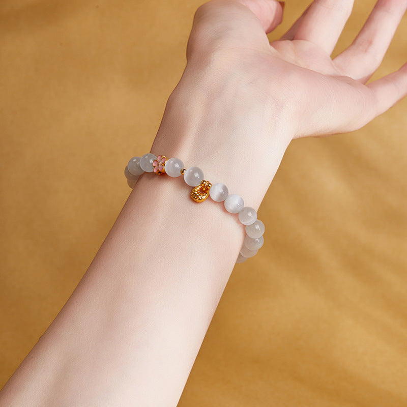 Enamel Peach Blossom Cat Eye Stone Bracelet-Brighter Days