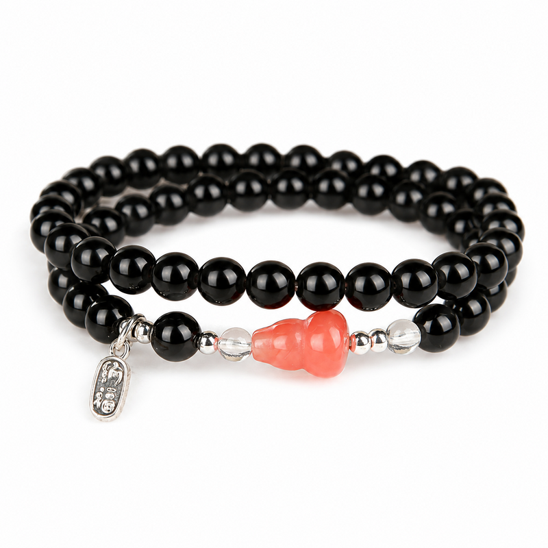 Pink Agate Gourd Obsidian Double-Wrap Bracelet-Calm Intention