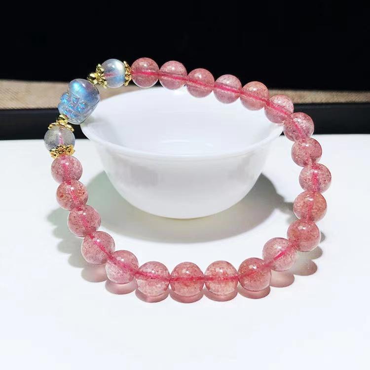 Gentle Heart-Strawberry Quartz Bracelet with Iridescent Pixiu