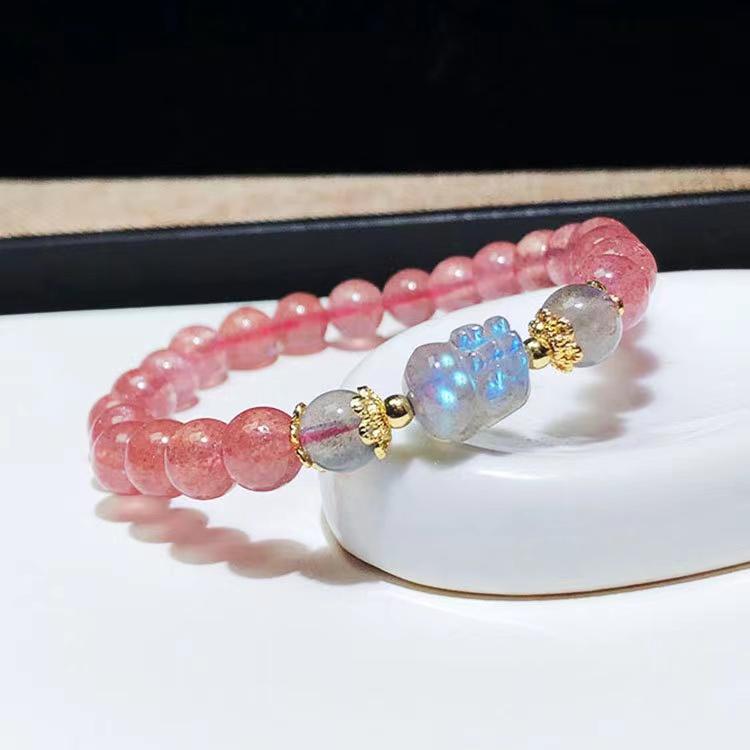 Gentle Heart-Strawberry Quartz Bracelet with Iridescent Pixiu