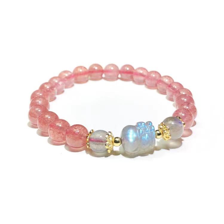 Gentle Heart-Strawberry Quartz Bracelet with Iridescent Pixiu