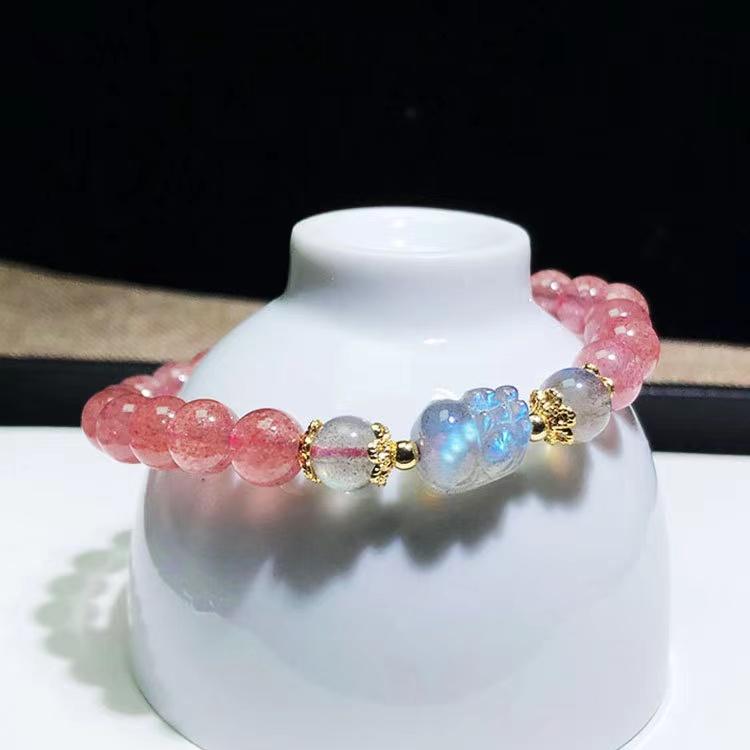 Gentle Heart-Strawberry Quartz Bracelet with Iridescent Pixiu