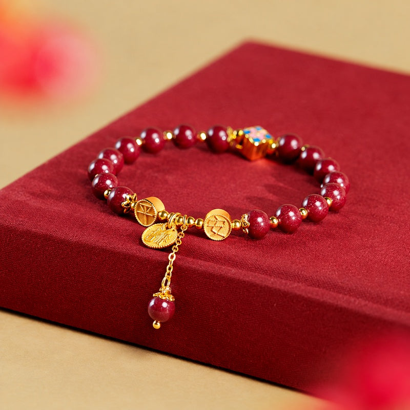 Pressed Cinnabar Four-Leaf Clover Bracelet-Peace & Good Fortune