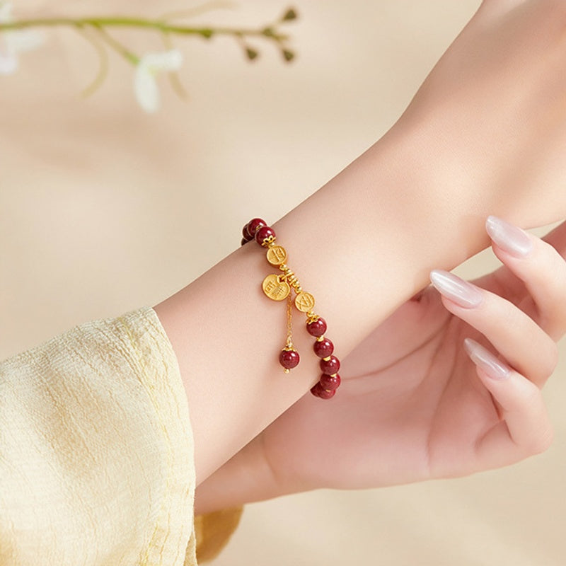 Pressed Cinnabar Four-Leaf Clover Bracelet-Peace & Good Fortune