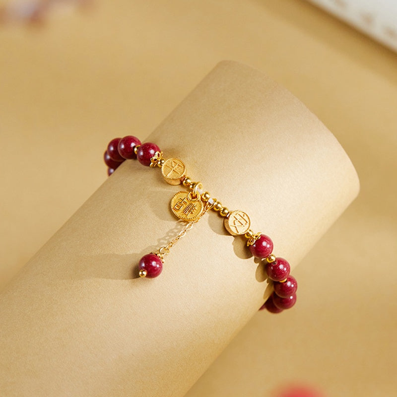 Pressed Cinnabar Four-Leaf Clover Bracelet-Peace & Good Fortune